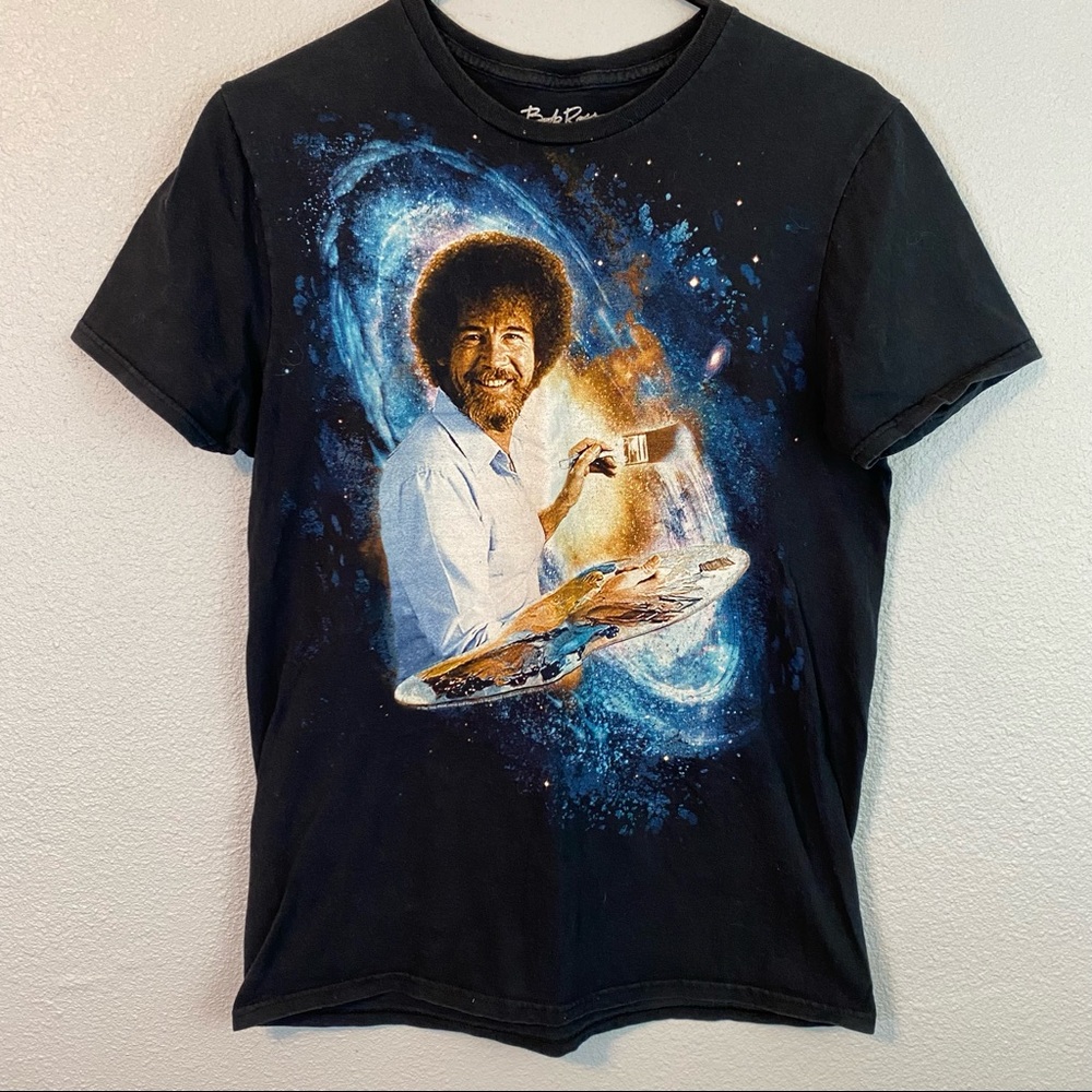 Bob Ross Painting Galaxy Black Graphic Tee T Shirt